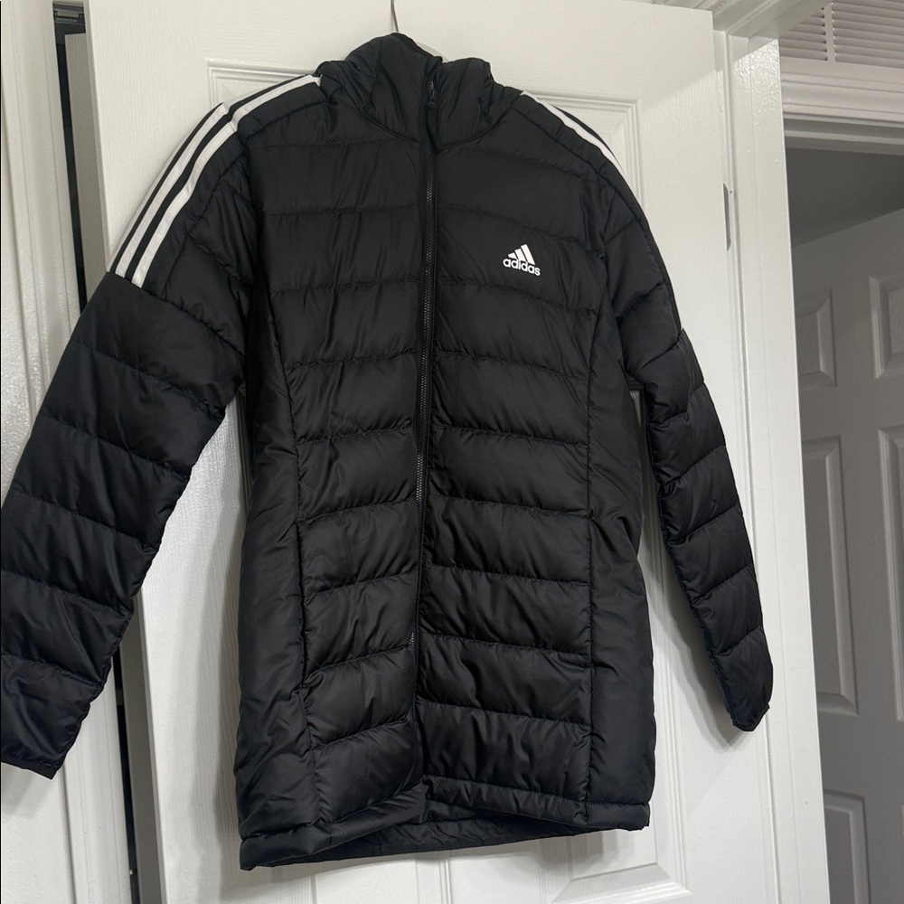 Adidas Women's Black Puffer Jacket with White Accents with Hood